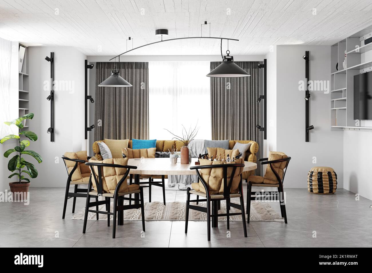 Picture of Modern Living room interior design, wooden furniture, white kitchen ...