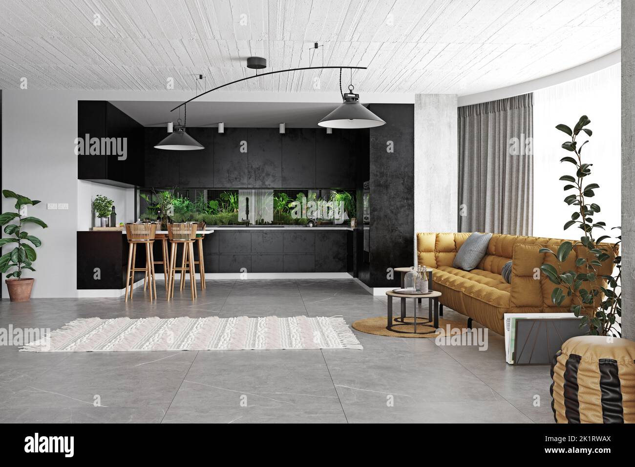 Modern Living room interior design, wooden furniture, white kitchen