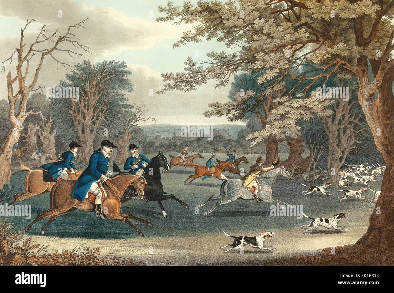 Royal Hunt at Windsor Park, 1820, Windsor Castle, 1831, royal residence at Windsor, Berkshire, England, UK, after James Pollard Stock Photo