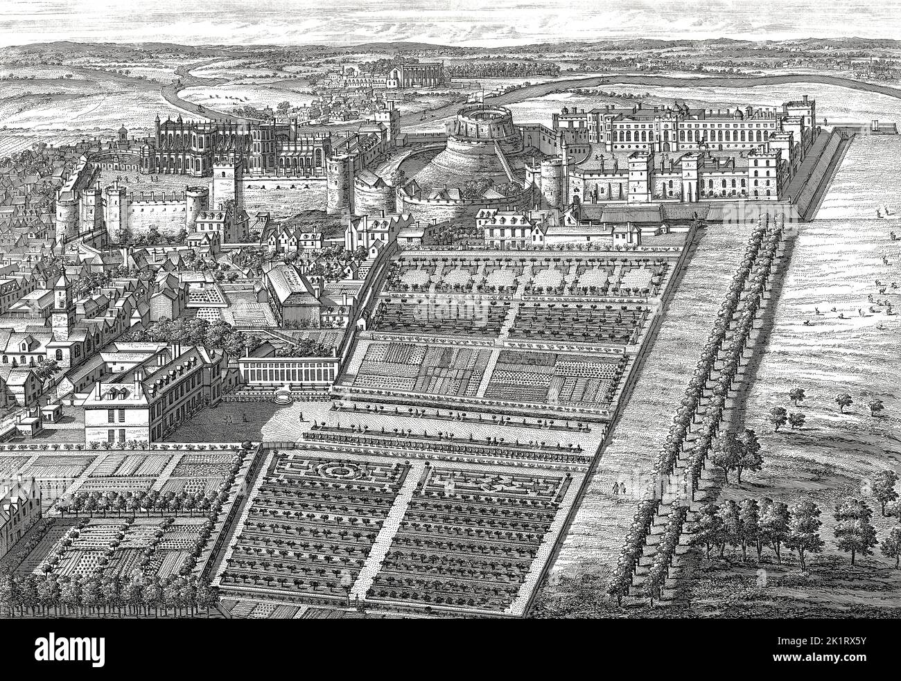Windsor Castle, 1707, royal residence at Windsor, Berkshire, England, UK, afterJohannes Kip Stock Photo