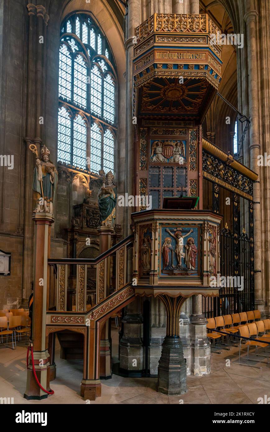 Canterbury, United Kingdom - 10 September, 2022: view of the elaborate pulpit in the central nave of the Canterbury Cathedral Stock Photo