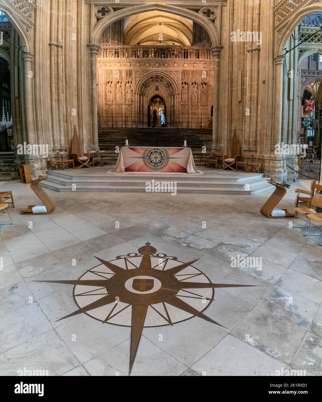 Canterbury, United Kingdom - 10 September, 2022: compass rose of the Anglican Communion and altar in the central nave of the Canterbury Cathedral Stock Photo