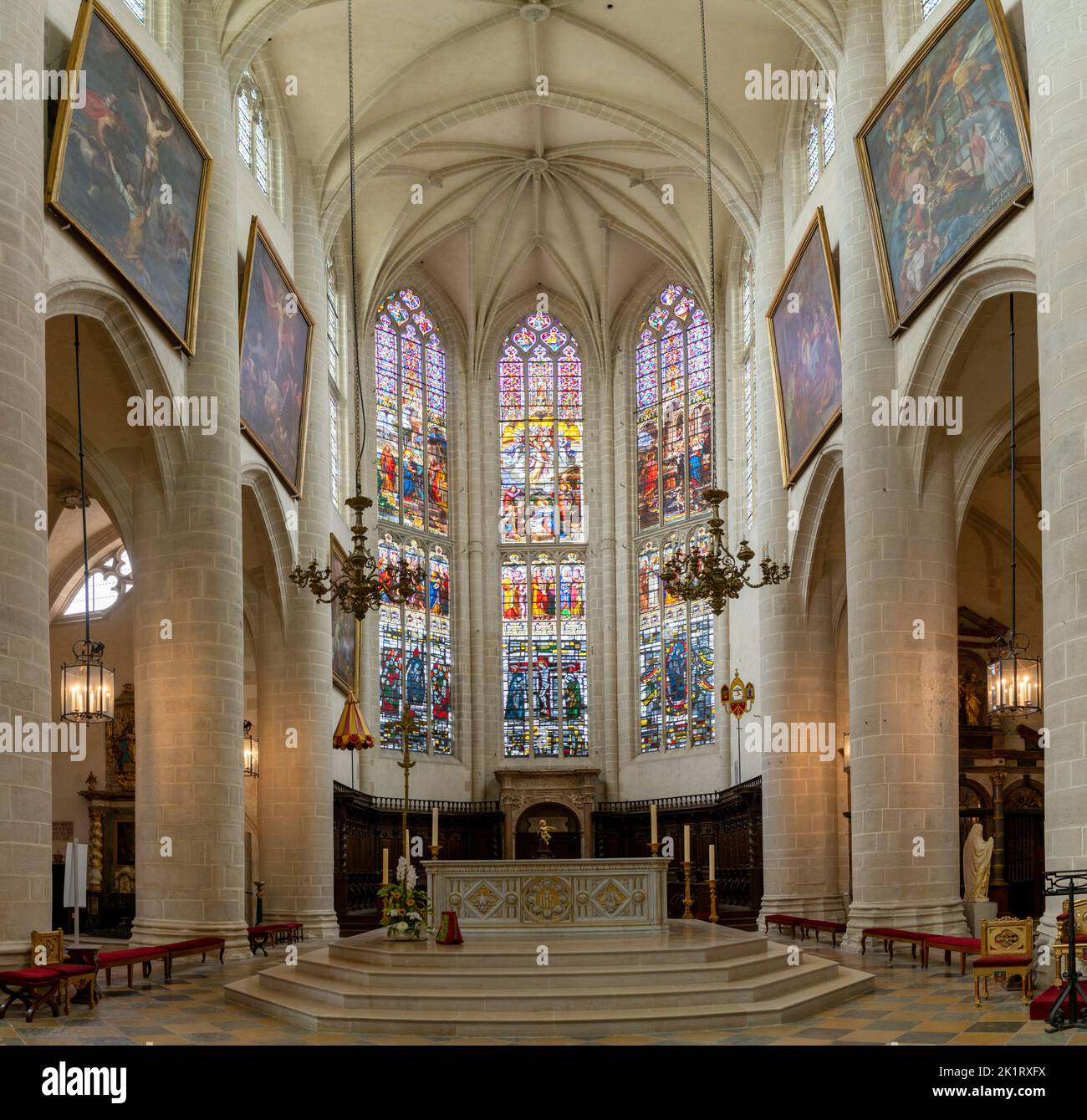 Dole, France - 14 September, 2022: interior view of the altar and central nave of the Collegiale Notre Dame church in Dole Stock Photo