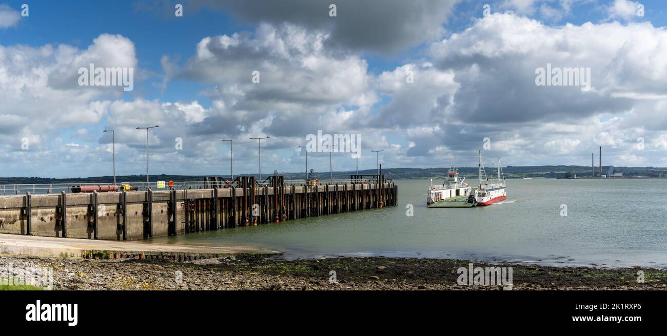 Killimer, Ireland - 4 August, 2022: panorama view of the Killimer ferry landing at the ferry terminal on the Shannon River Estuary in western Ireland Stock Photo