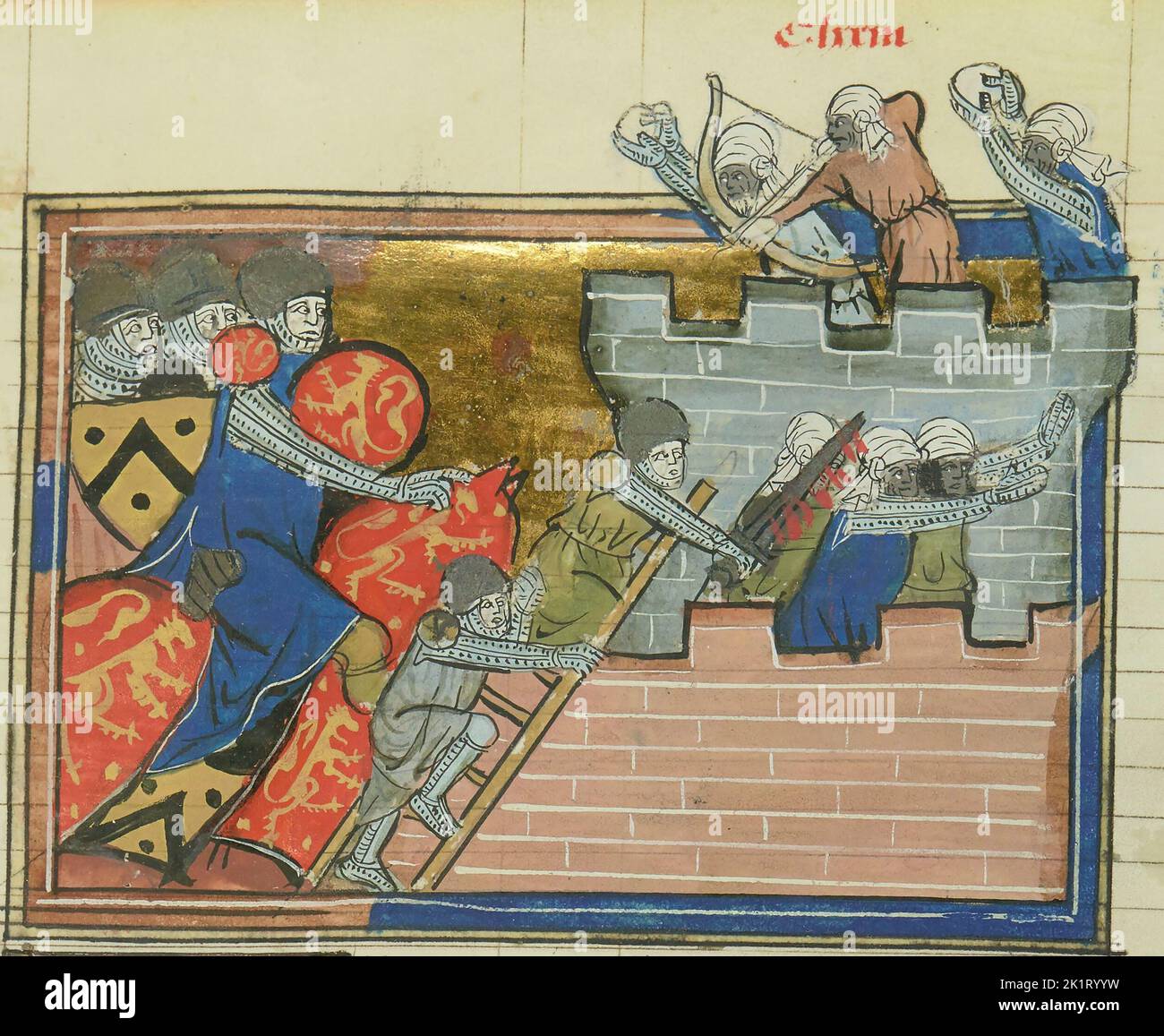 The siege of Shaizar in 1157 (From 'Li rommans de Godefroy de Buillon et de Salehadin'). Museum: BIBLIOTHEQUE NATIONALE DE FRANCE. Author: Maître de Fauvel. Stock Photo