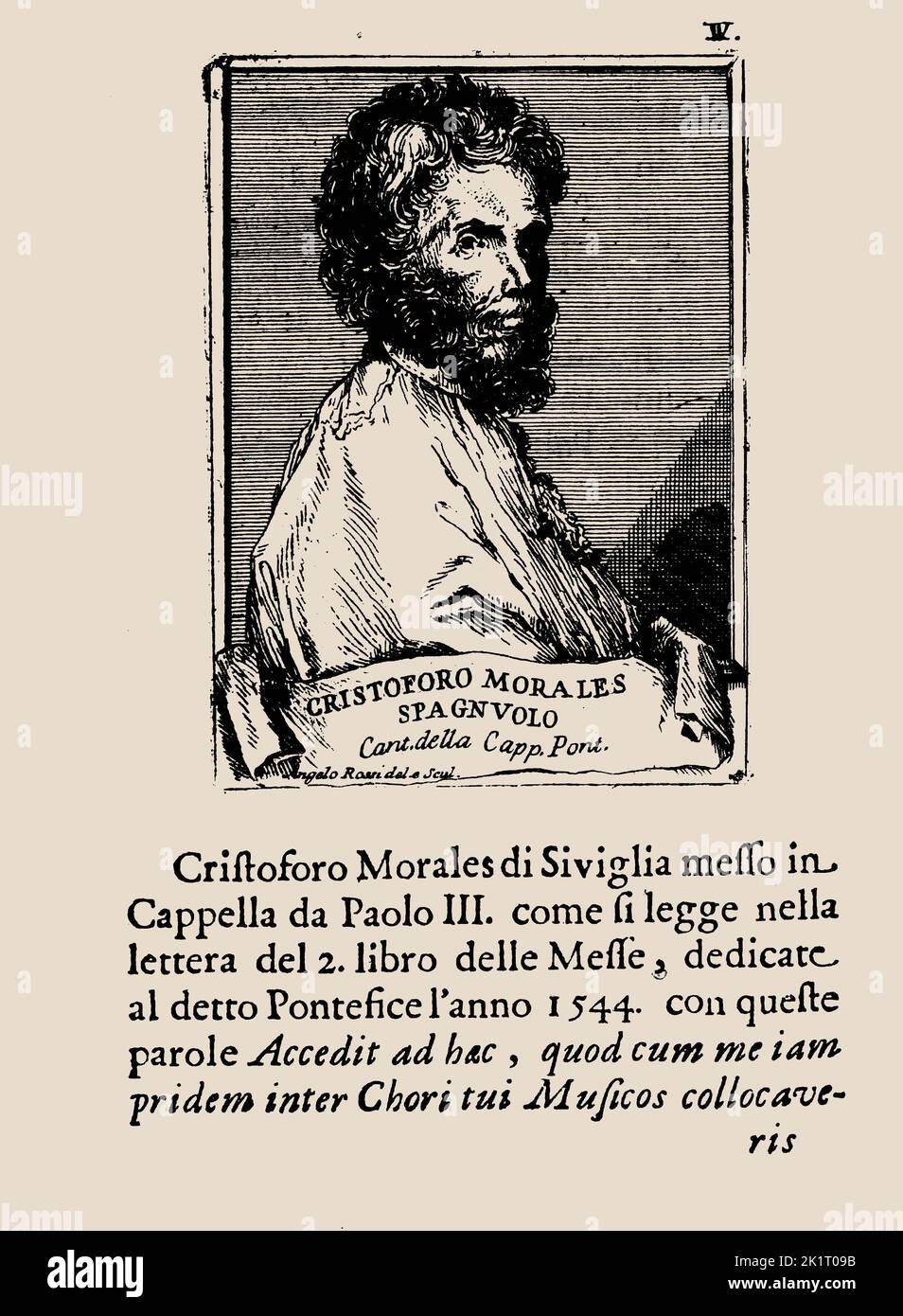 Portrait of the Composer Cristóbal de Morales. From: Osservazioni per ben regolare il coro de i cantori della Cappella Pontifici. Museum: PRIVATE COLLECTION. Author: JAMES CALDWALL. Stock Photo