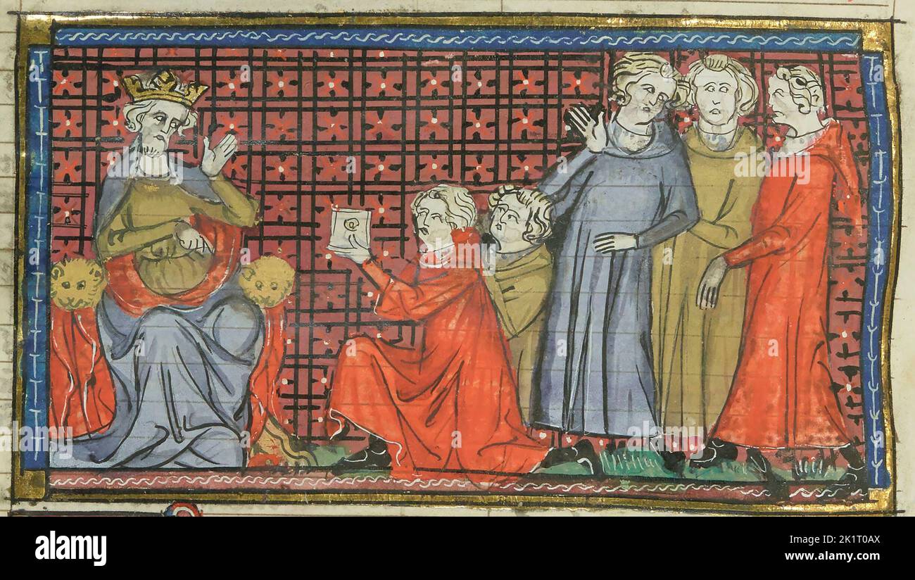 Alexios I Komnenos and Hugh of Vermandois (From 'Li rommans de Godefroy de Buillon et de Salehadin'). Museum: BIBLIOTHEQUE NATIONALE DE FRANCE. Author: Maître de Fauvel. Stock Photo