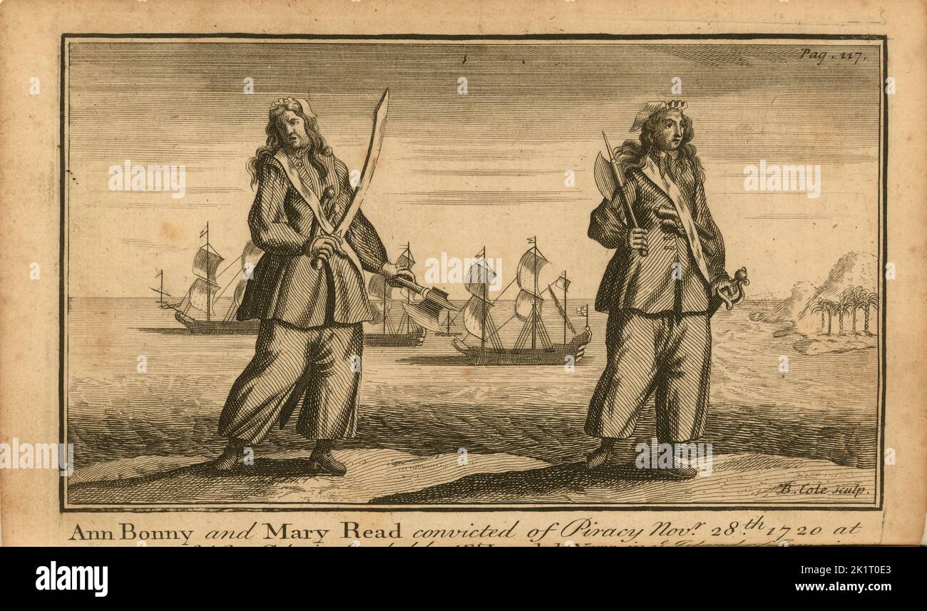 Pirates of the Caribbean: Ann Bonny and Mary Read convicted of Piracy, November 28th, 1720 at a Court of Vice Admiralty. Museum: PRIVATE COLLECTION. Author: B. COLE. Stock Photo