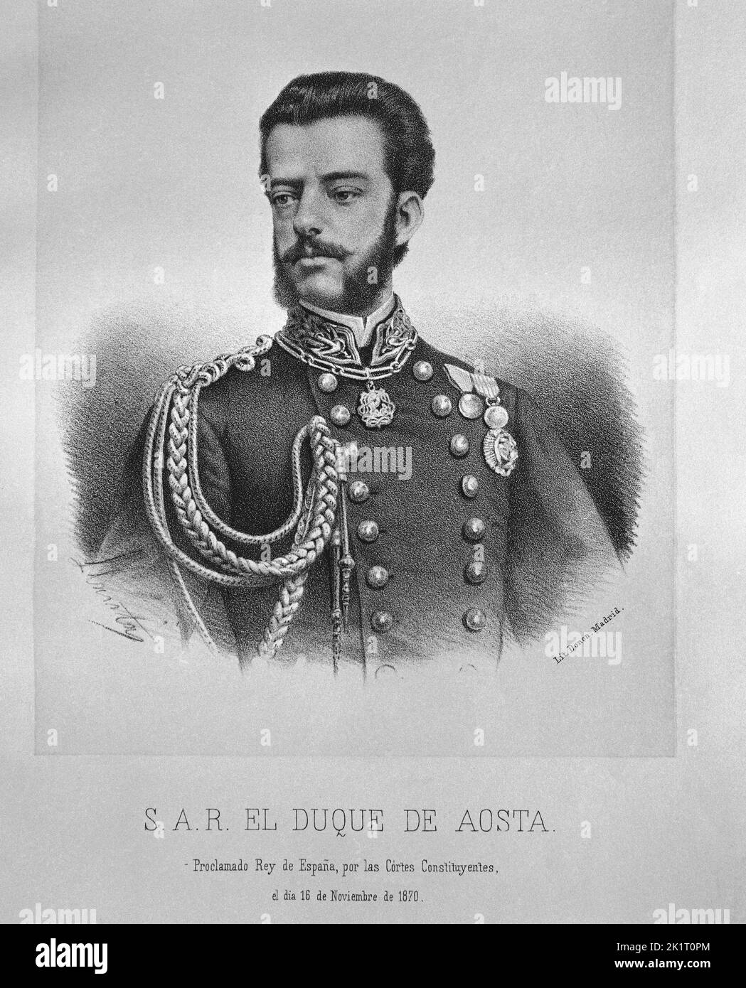 AMADEO I DE SABOYA-1845/1890-DUQUE DE AOSTA-REY DE ESPAÑA POR LAS CORTES CONSTITUYENTES EN 1870. Author: SANTIAGO LLANTA Y GUERIN-LITOGRAFO-. Stock Photo