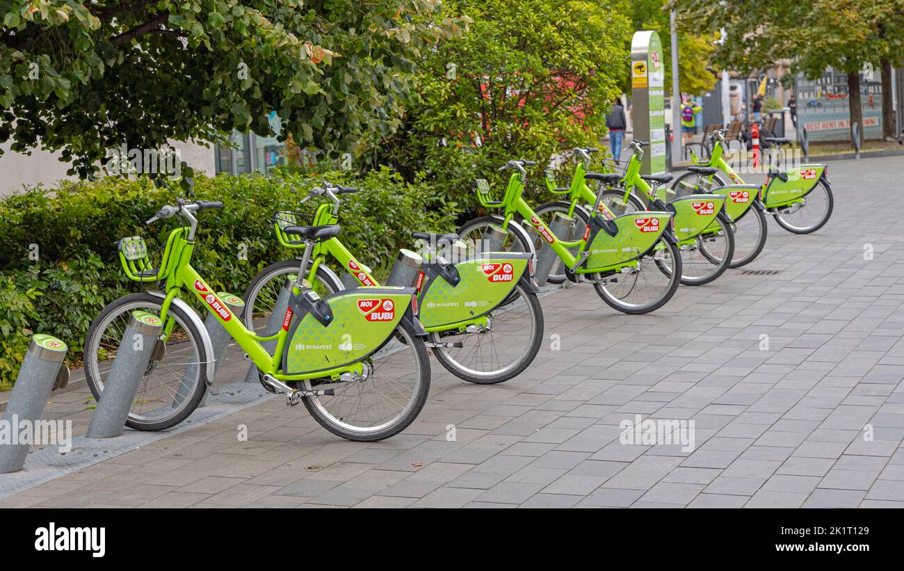 Budapest, Hungary - July 31, 2022: Mol Company Bubi Bicycles for Rent in Capital City Centre. Stock Photo