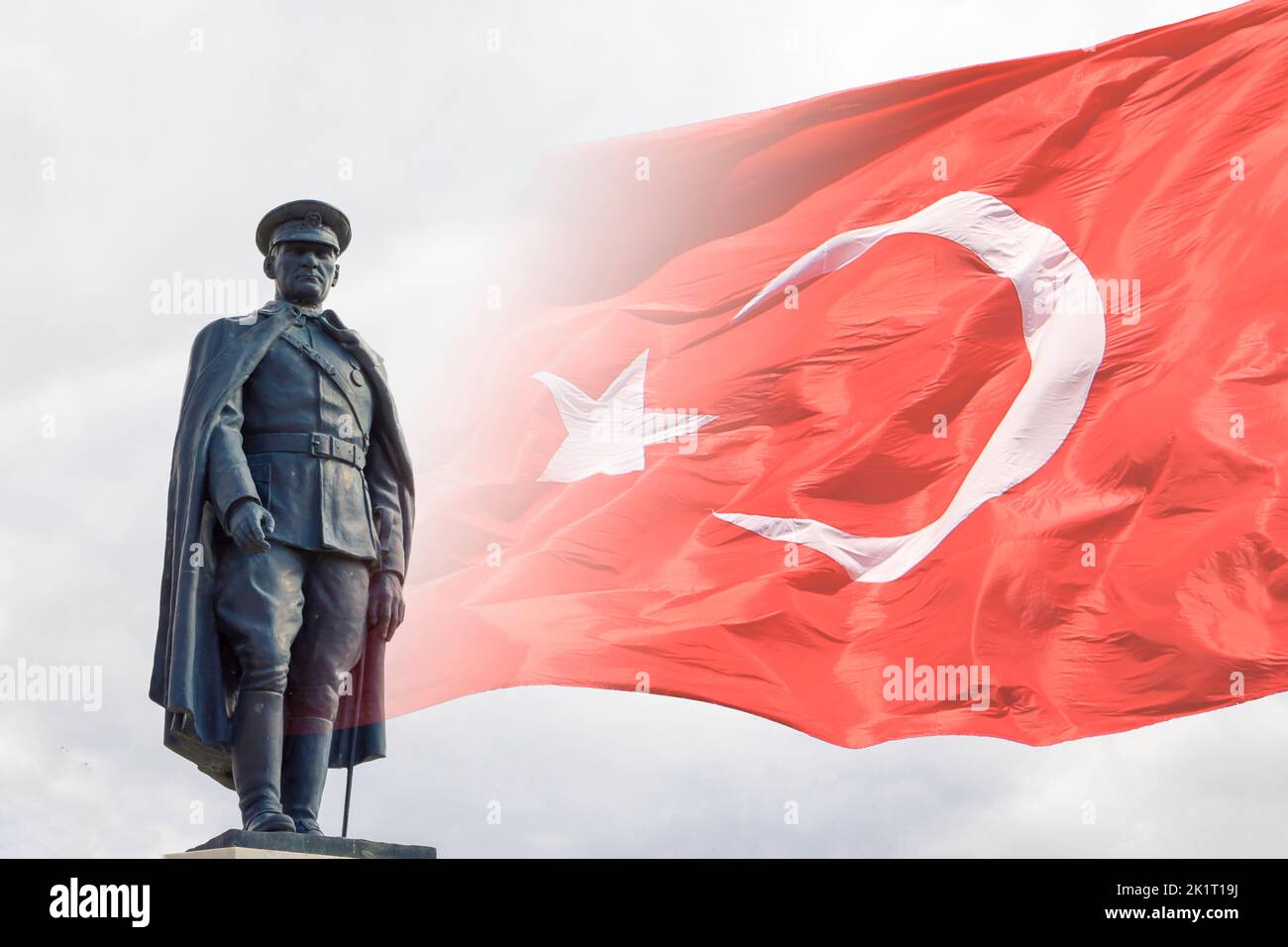 Ataturk monument and Turkish Flag. 29th october republic day of Turkey background photo. Stock Photo