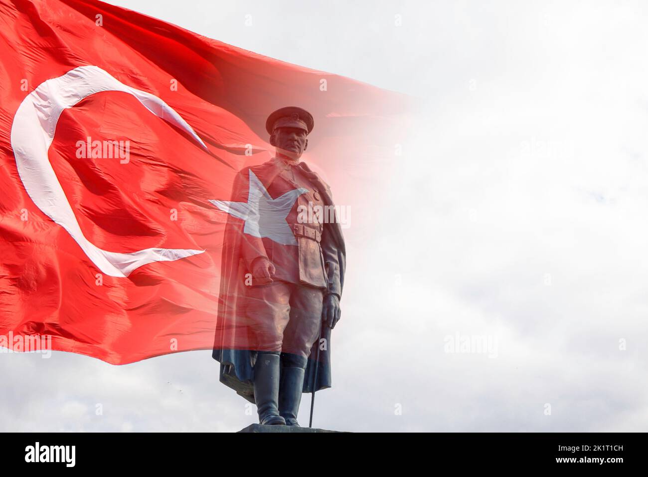 29th october republic day of Turkey. Ataturk statue and Turkish Flag with copy space for text. Stock Photo