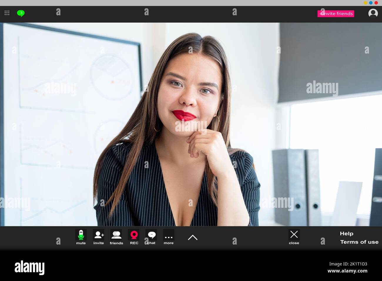 Video call. Online conference. Remote work. Business teleconference. Confident successful female CEO listening on screen at virtual office. Stock Photo