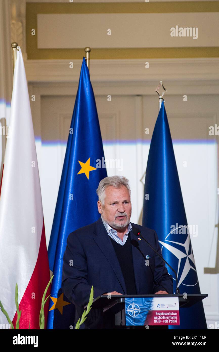 Former President of Poland, Aleksander Kwasniewski speaks during the conference in Warsaw. The conference 'Security of NATO's eastern flank - the role of Poland' was held in Warsaw on the occasion of the 25th anniversary of the start of accession negotiations between Poland and NATO.Former Presidents of the Republic of Poland, Aleksander Kwasniewski and Bronislaw Komorowski, invited opposition leaders and experts in security and defense policy to a joint debate. Among the participants of the meeting were: the chairman of the Civic Platform (Platforma Obywatelska), Donald Tusk, the deputy speak Stock Photo