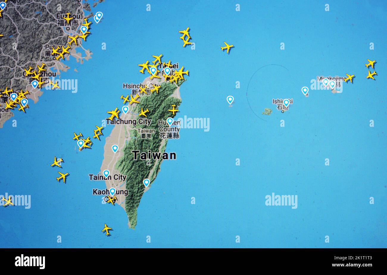 air traffic over Taiwan island (25 august 2020, UTC 09.19) Stock Photo