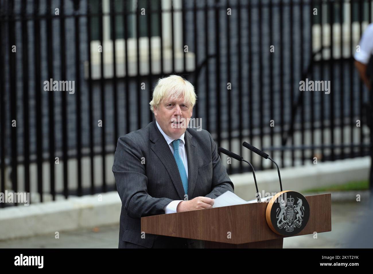 England, London, Boris Johnson at Podium outside number 10 Downing Street during his resignation speech. Stock Photo