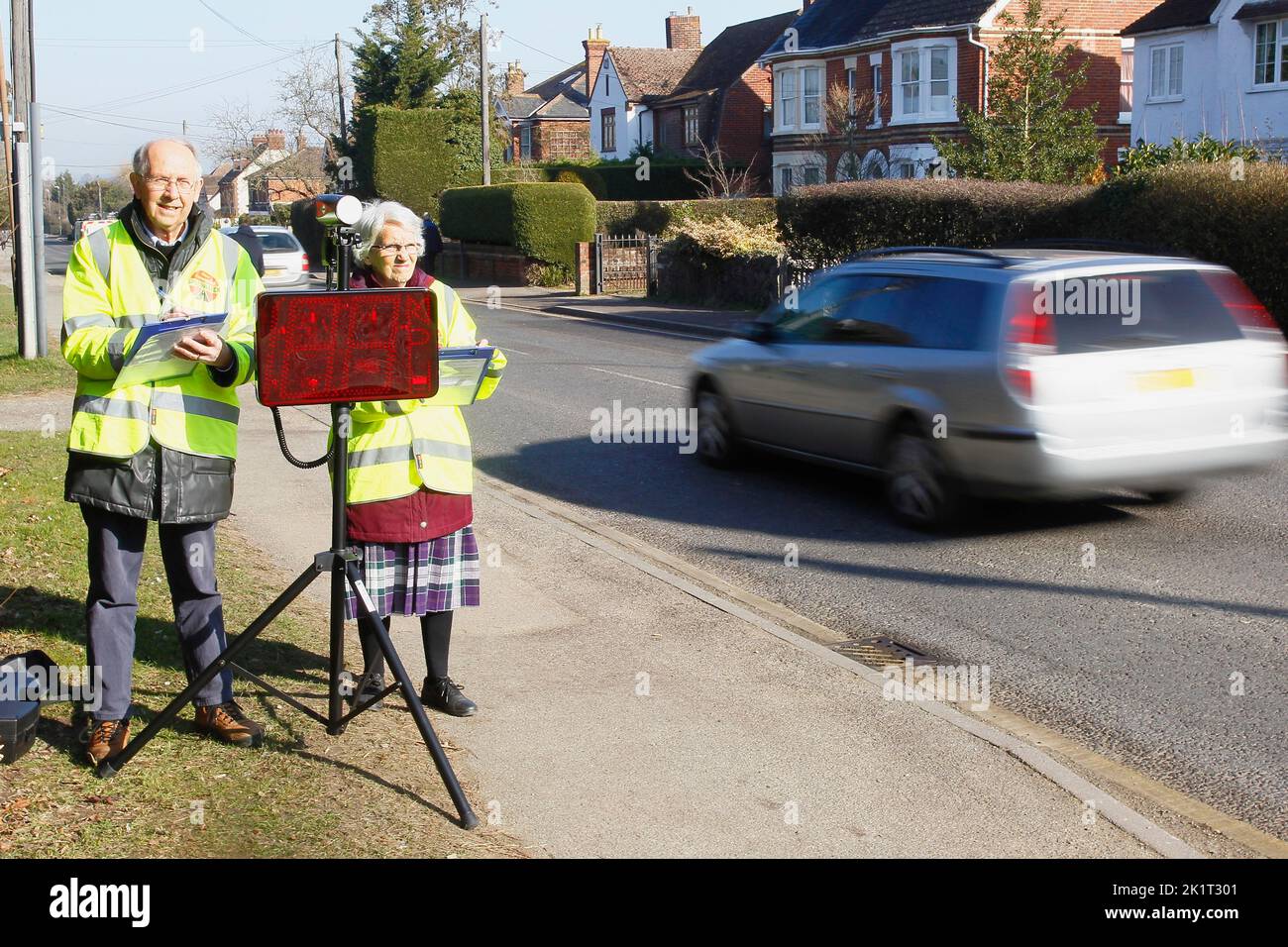 England, Kent, Transport, Commuinity Speed  Warden checking the speed of vehicles travelling though semi rural residential area. Stock Photo