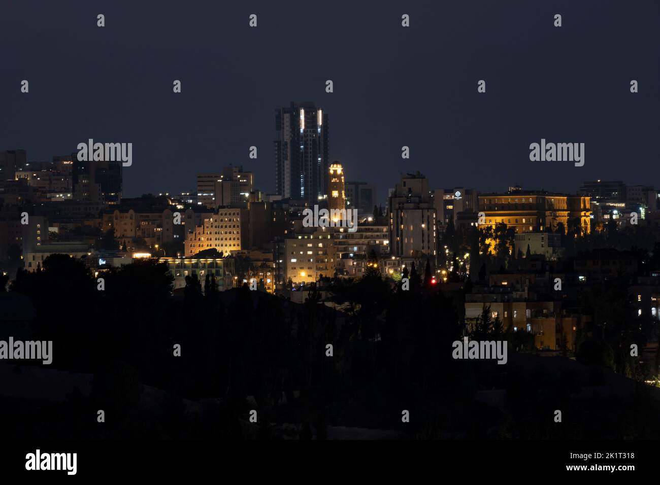 View at night of the skyline of West Jerusalem in Israel Stock Photo