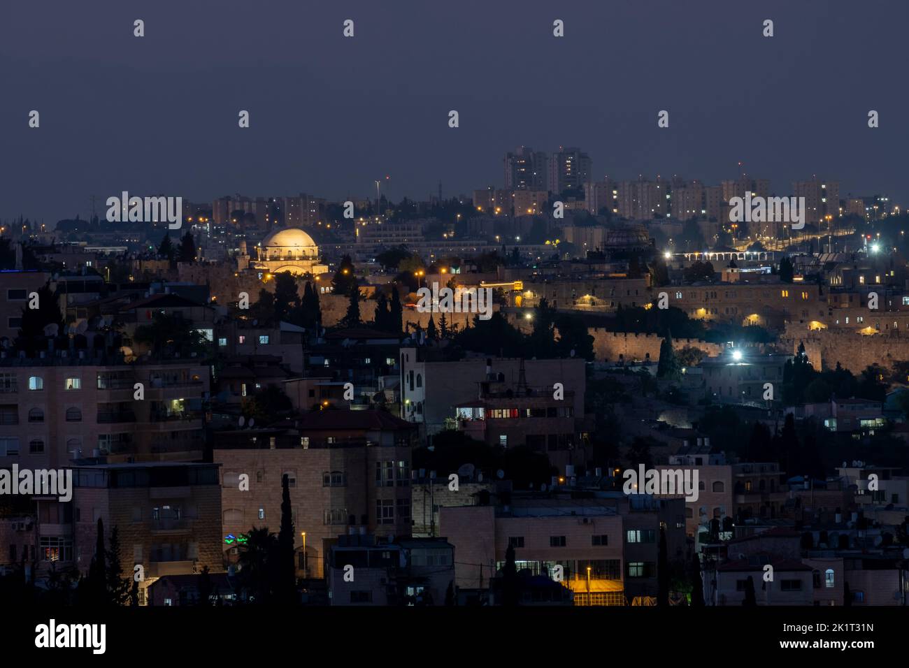 View at night of the skyline of East and West Jerusalem in Israel Stock Photo