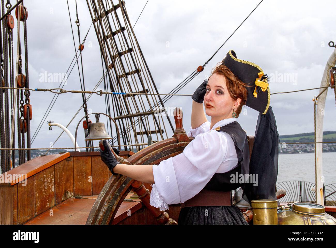 Ashley Wilkinson wearing a cosplay pirate costume onboard the RRS Discovery Ship during a photo-shoot in Dundee, Scotland Stock Photo