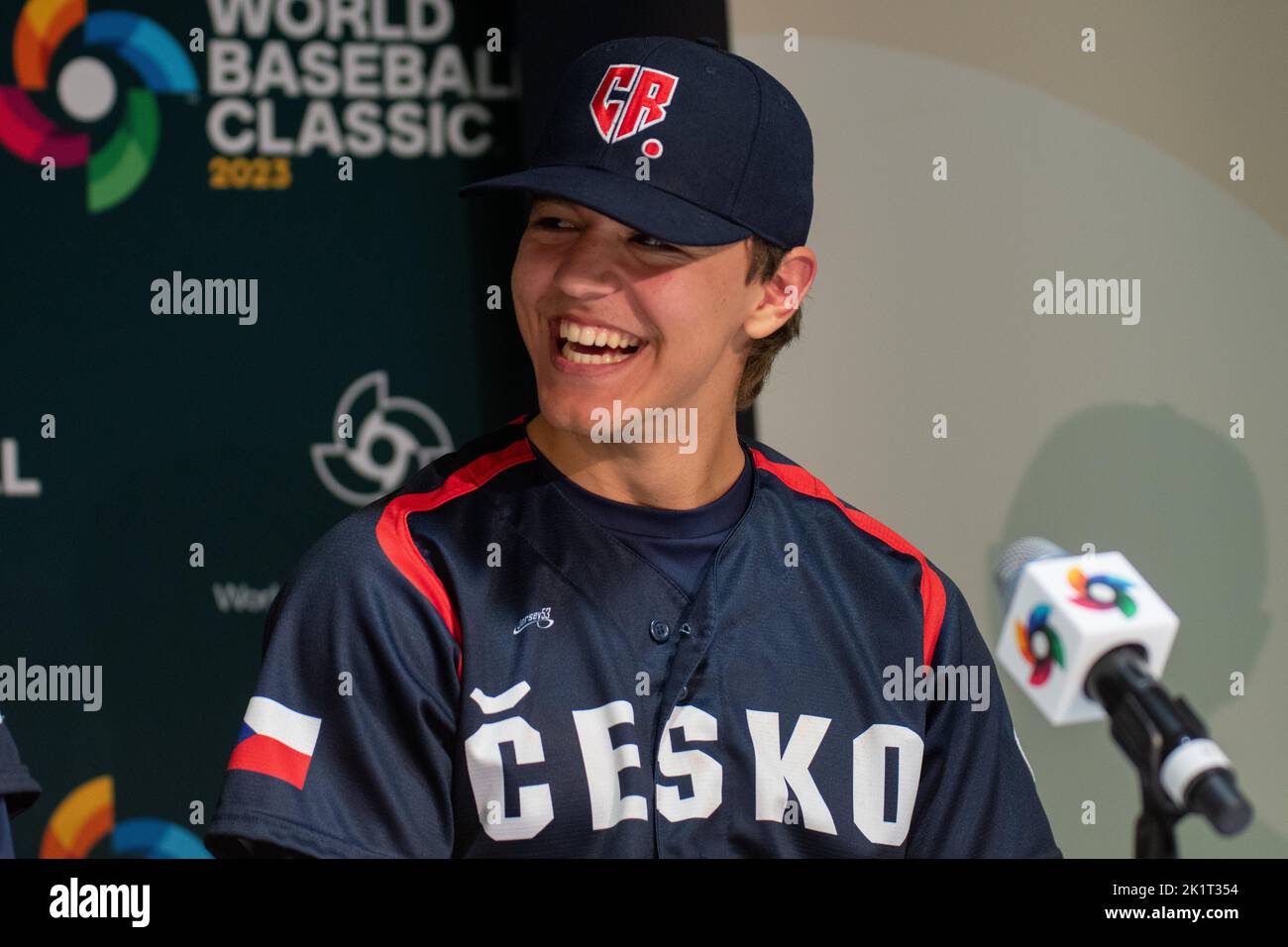 Regensburg, Bavaria, Germany. 20th Sep, 2022. Czech pitcher MICHAL KOVALA  laughs during the press conference after beating Germany in the World  Baseball Classic qualifier in the Armin Wolf Baseball Arena in Regensburg,