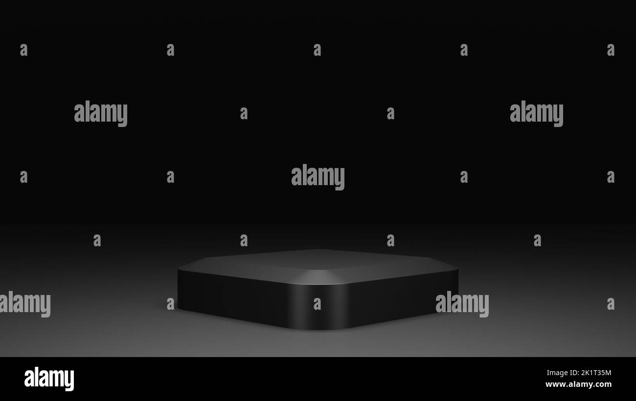 empty black podium display, minimal dark pedestal for product showcase, blank stage, 3D Rendering Stock Photo