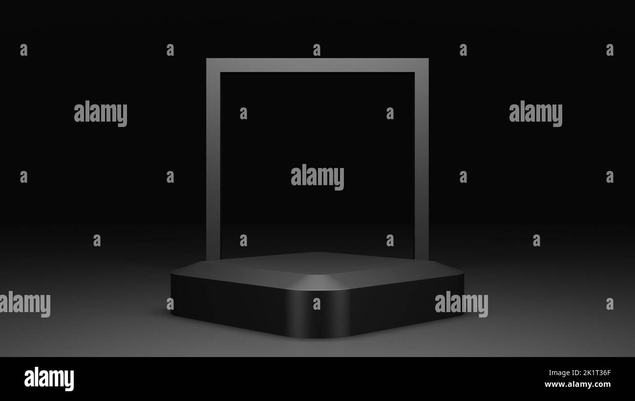 empty black podium display, minimal dark pedestal for product showcase, blank stage, 3D Rendering Stock Photo