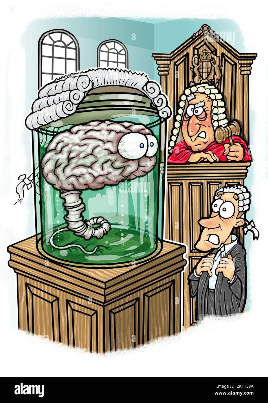 Cartoon showing brain in jar testifying in court illustrating concept of neuroscientific evidence, testimony related to brain/ neuroimages as evidence Stock Photo