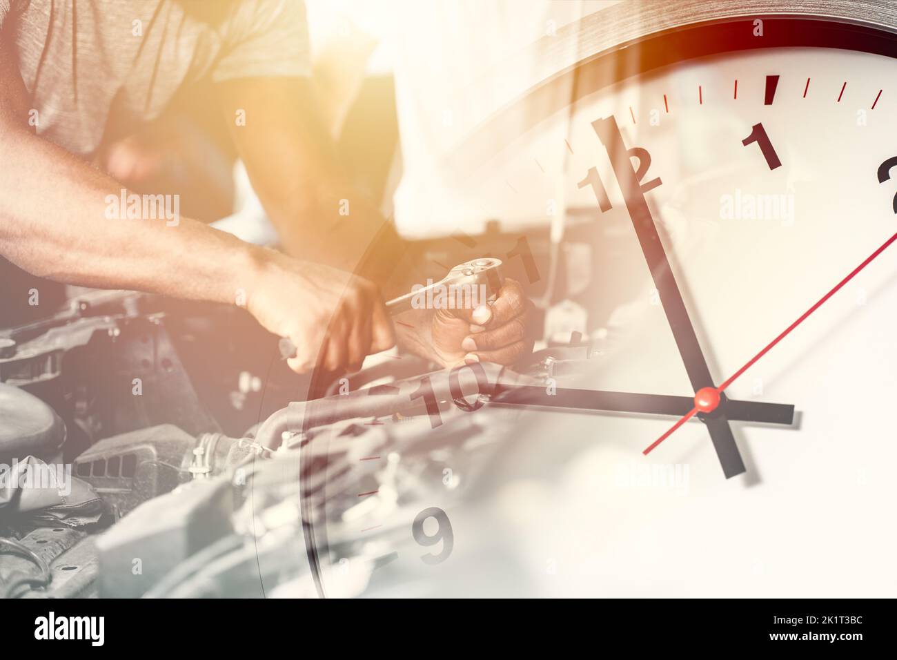 Times to mechanic working service a car. Vehicle inspection engine test and maintenance schedule timing concept. Stock Photo