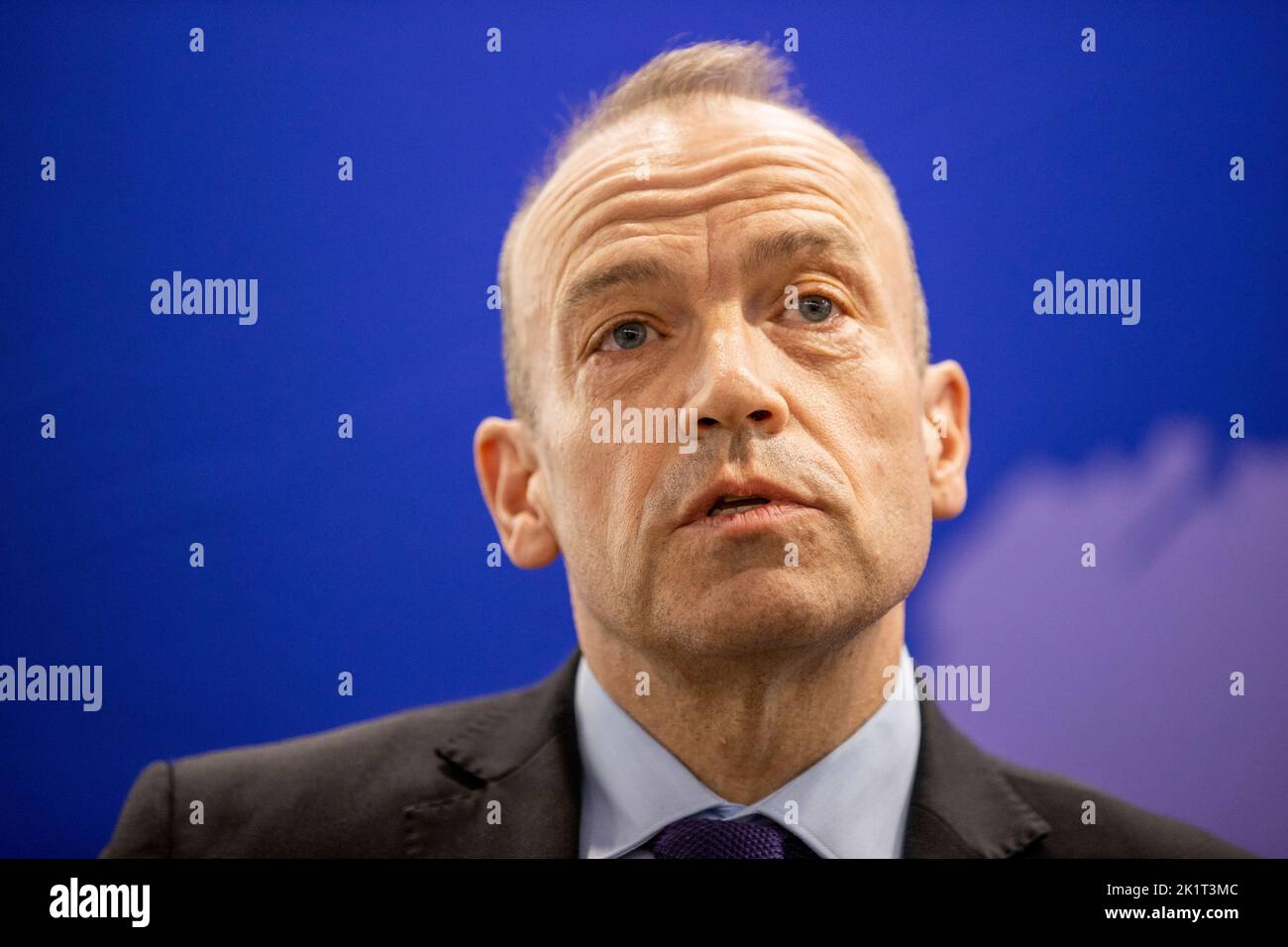 Chris Heaton-Harris, Secretary of State for Northern Ireland, during a press conference at NIO offices at Erskine House in Belfast. Picture date: Tuesday September 20, 2022. Stock Photo
