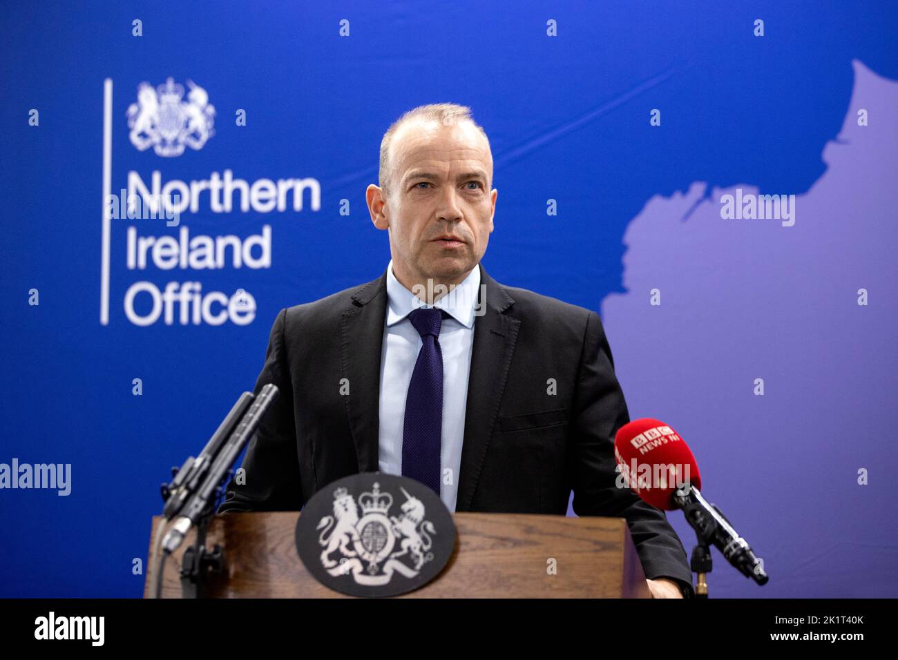 Chris Heaton-Harris, Secretary of State for Northern Ireland, during a press conference at NIO offices at Erskine House in Belfast. Picture date: Tuesday September 20, 2022. Stock Photo