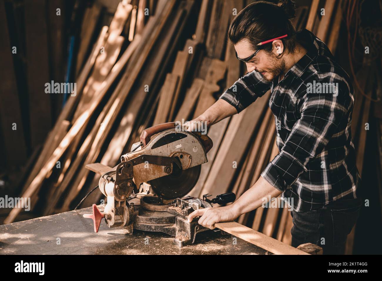 Professional Carpenter man authentic Handcraft  Wood worker. Joiner or furniture builder home diy projects maker male. Stock Photo