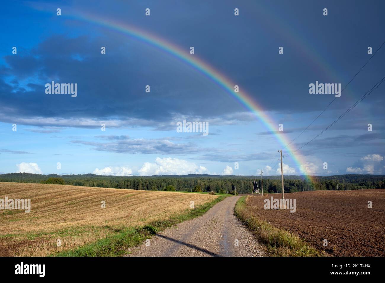 Double rainbow over Latvian landscape in Tukums area, Latvia Stock Photo