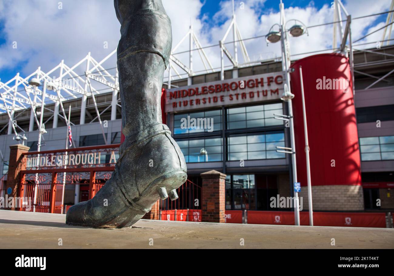 Middlesbrough Football Club's Riverside Stadium ,England,UK,Close up of  players boot in foreground Stock Photo