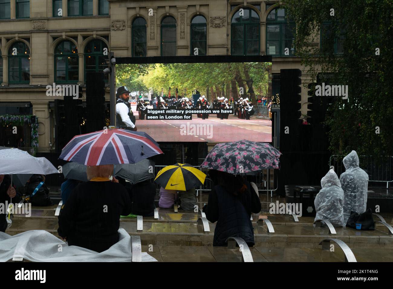 Electronic display screen in Exchange Square showing funeral of monarch ...