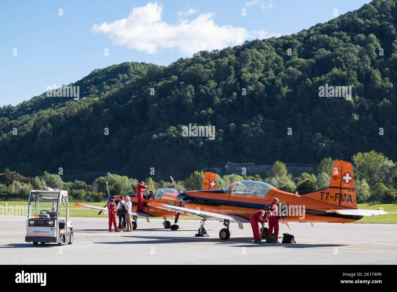 Switzerland, AgnoLugano Airport, Plane stationed on the runway Stock