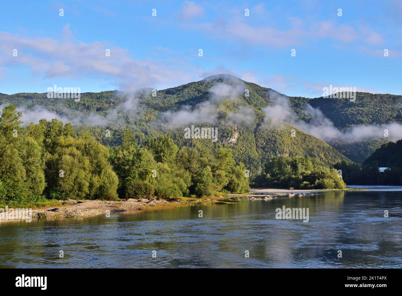 Drina river in the National Park Tara between Serbia and Bosnia Herzegovina on a misty morning Stock Photo