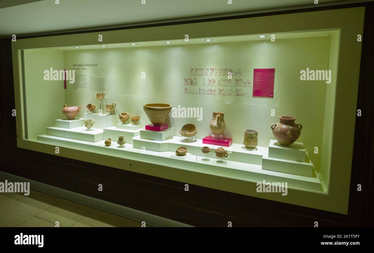 Alaca, Corum, Turkey; June 12, 2021. Alacahoyuk Museum in Corum. Bronze and Hittite period historical artifacts exhibition. Stock Photo