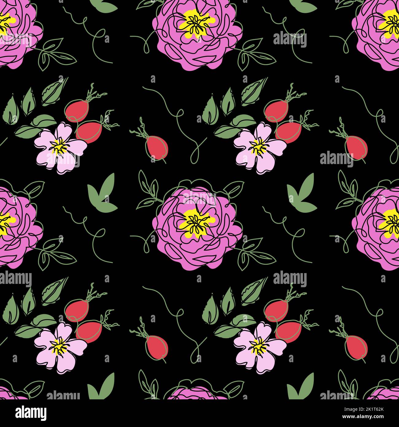 Dog rose, rosehip, briar, rosa canina, wild rose vector seamless pattern on black background. One continuous line art drawing of flowers and berries Stock Vector