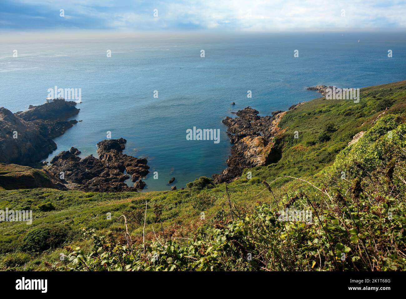 Shoreline and countryside of Guernsey, a channel island in the English Channel Stock Photo