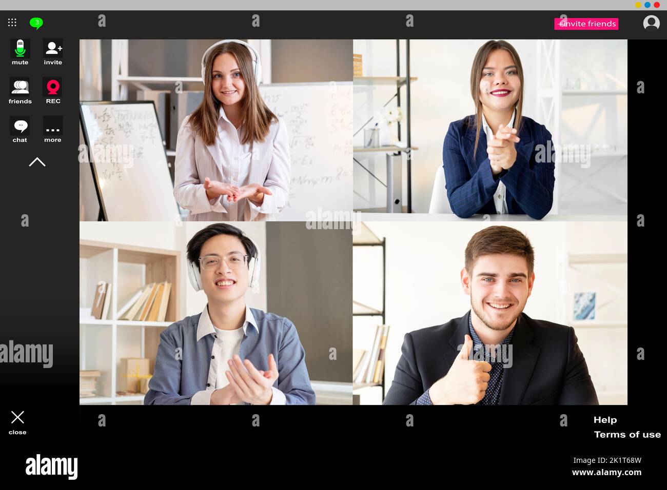 Online education. Video lesson. Group chat. Internet presentation. Female teacher working from home with smart enthusiastic diverse multiethnic suppor Stock Photo