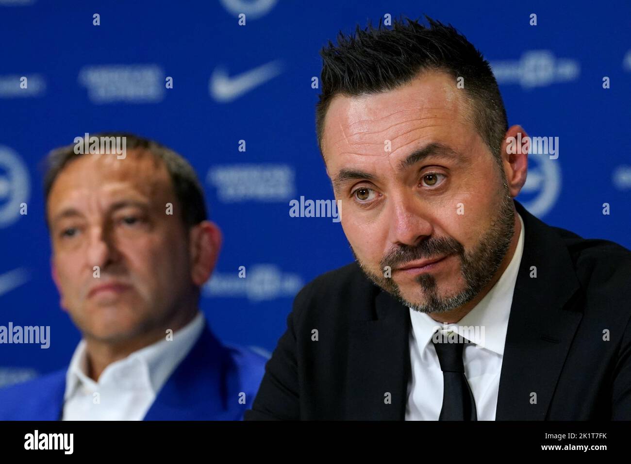 New Brighton and Hove Albion manager Roberto De Zerbi and club owner and chairman Tony Bloom during the press conference at the American Express Elite Football Performance Centre, Brighton. Picture date: Tuesday September 20, 2022. Stock Photo