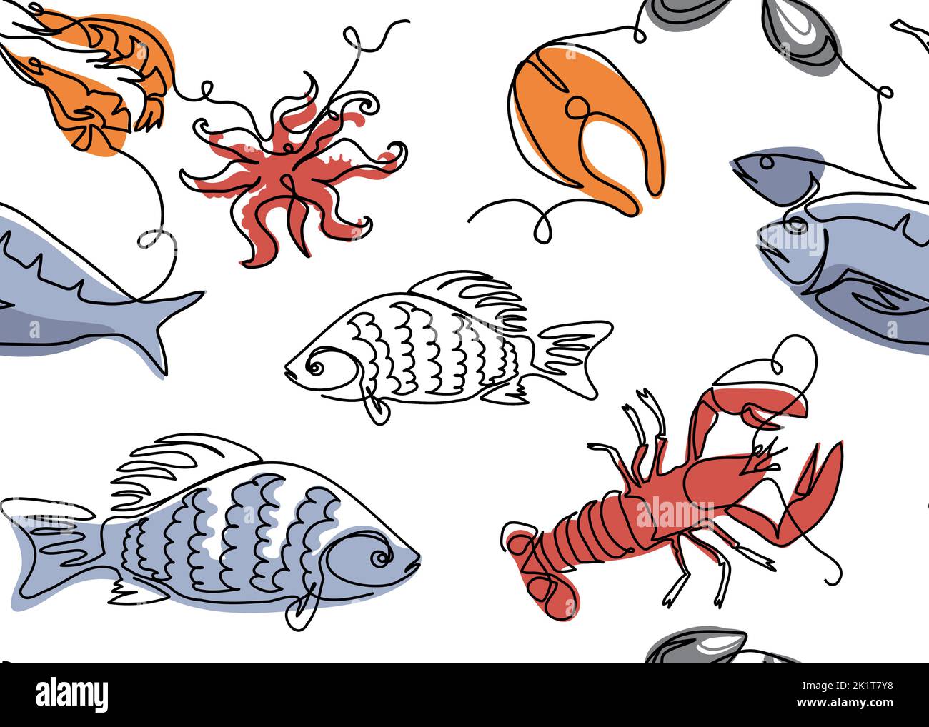 Seafood vector pattern. One continuous line art drawing of seafood pattern Stock Vector