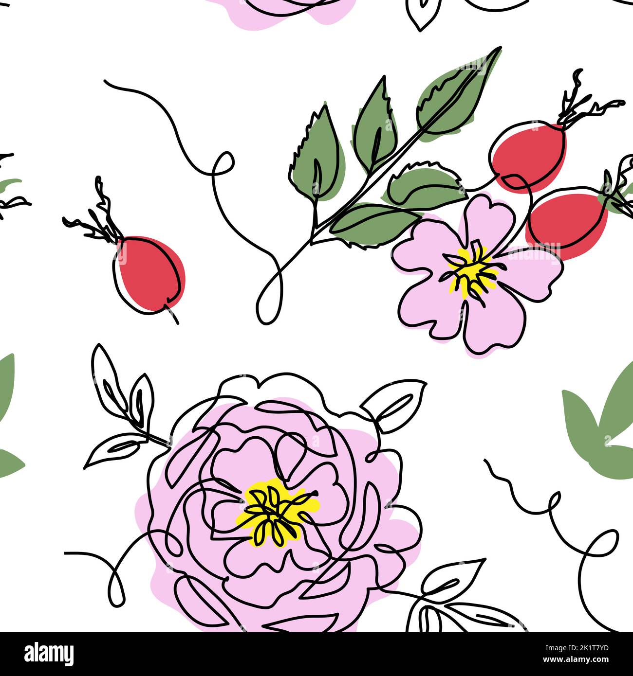 Rosehip, dog rose, briar, rosa canina, wild rose vector seamless pattern. One continuous line art drawing of flowers and berries, rosehip pattern Stock Vector
