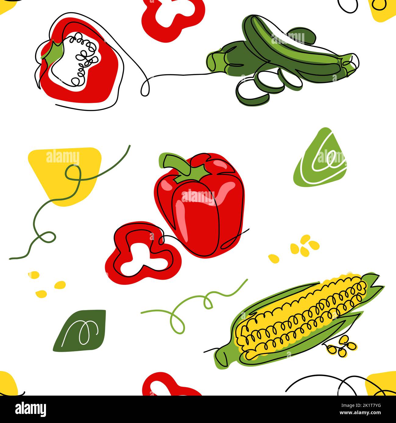 Vegetables vector pattern. One continuous line art drawing of vegetables pattern with paprika, corn, zucchini for kitchen or cafe decoration Stock Vector