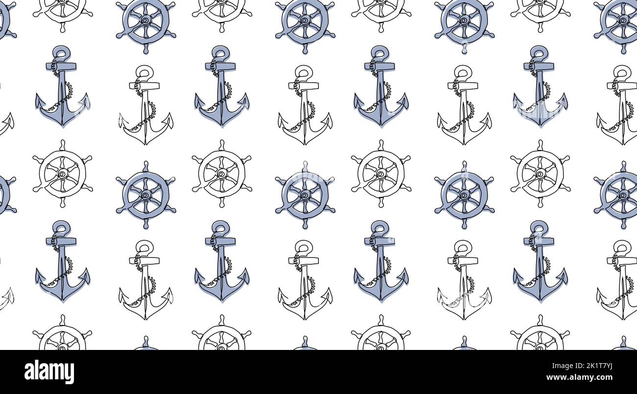 Marine vector pattern with anchor and steering wheel. One continuous line art drawing of sea signs. Anchor and wheel pattern Stock Vector