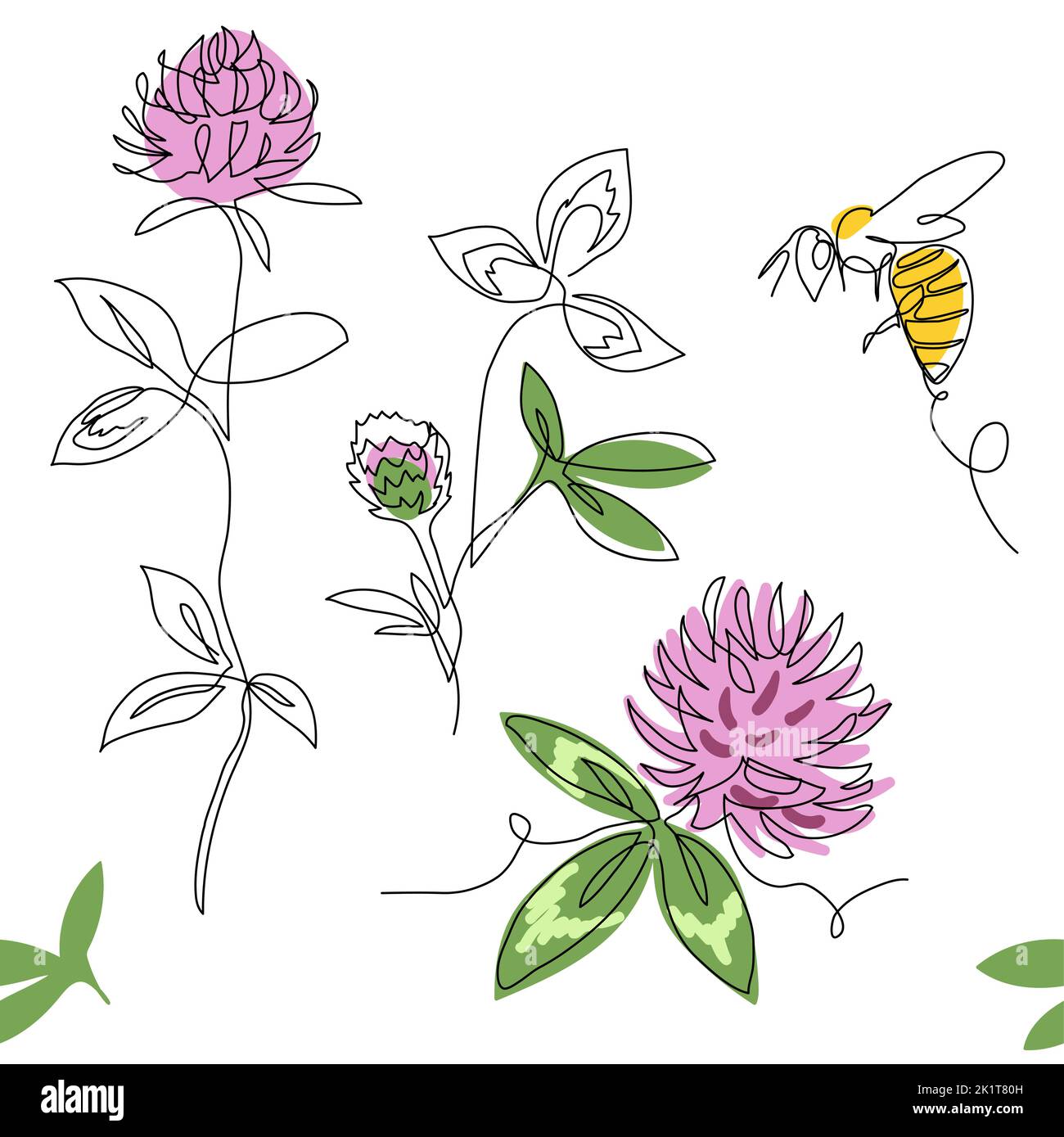 Clover flowers vector pattern with bee. One continuous line art drawing meadow pattern with clover flowers Stock Vector