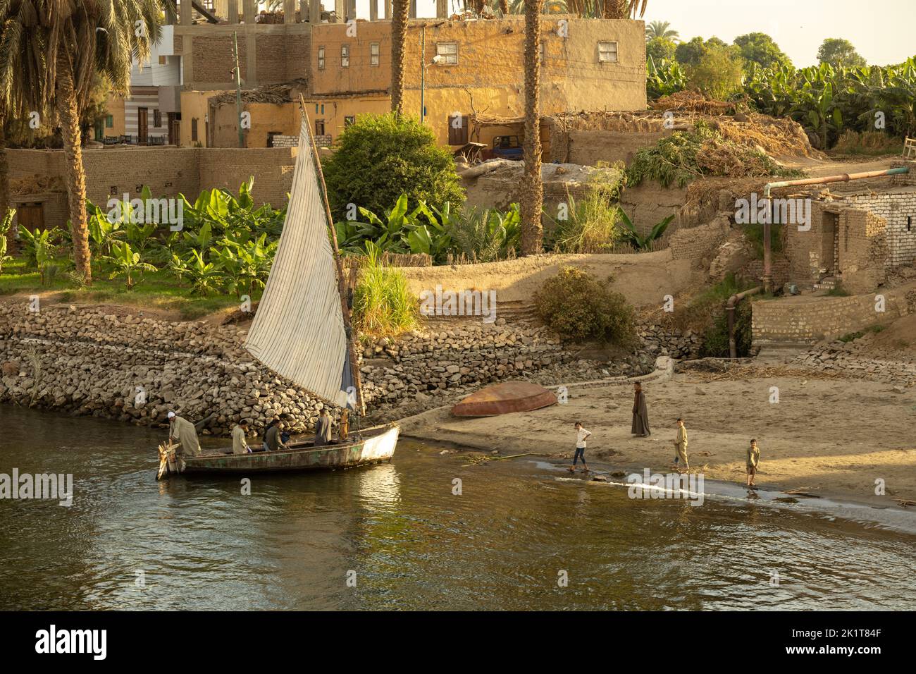 A felucca sailing boat at the shore of the Nile river, Egypt Stock Photo