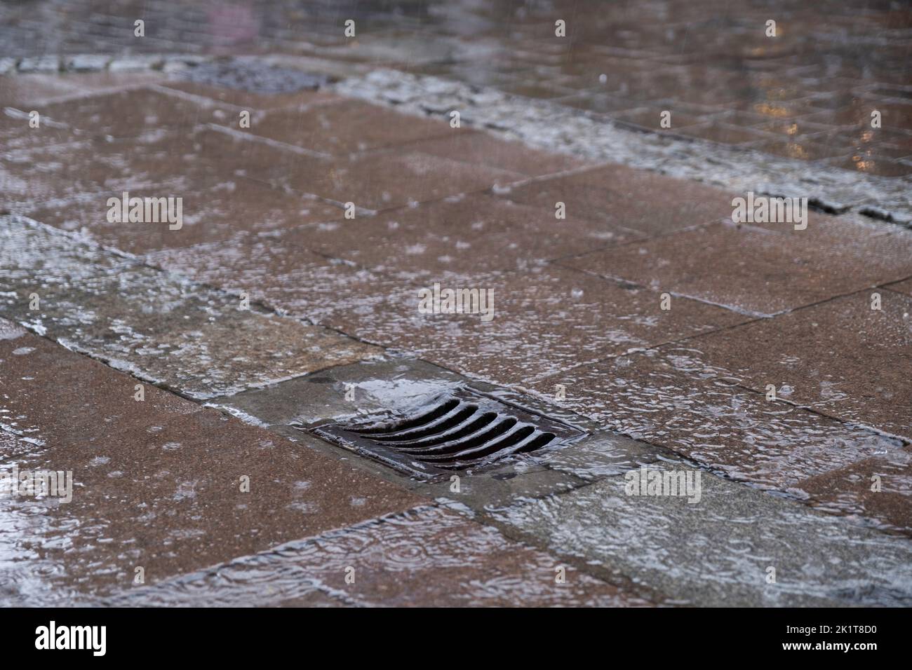 Wet stone pavement with concentric rings of falling raindrops and water