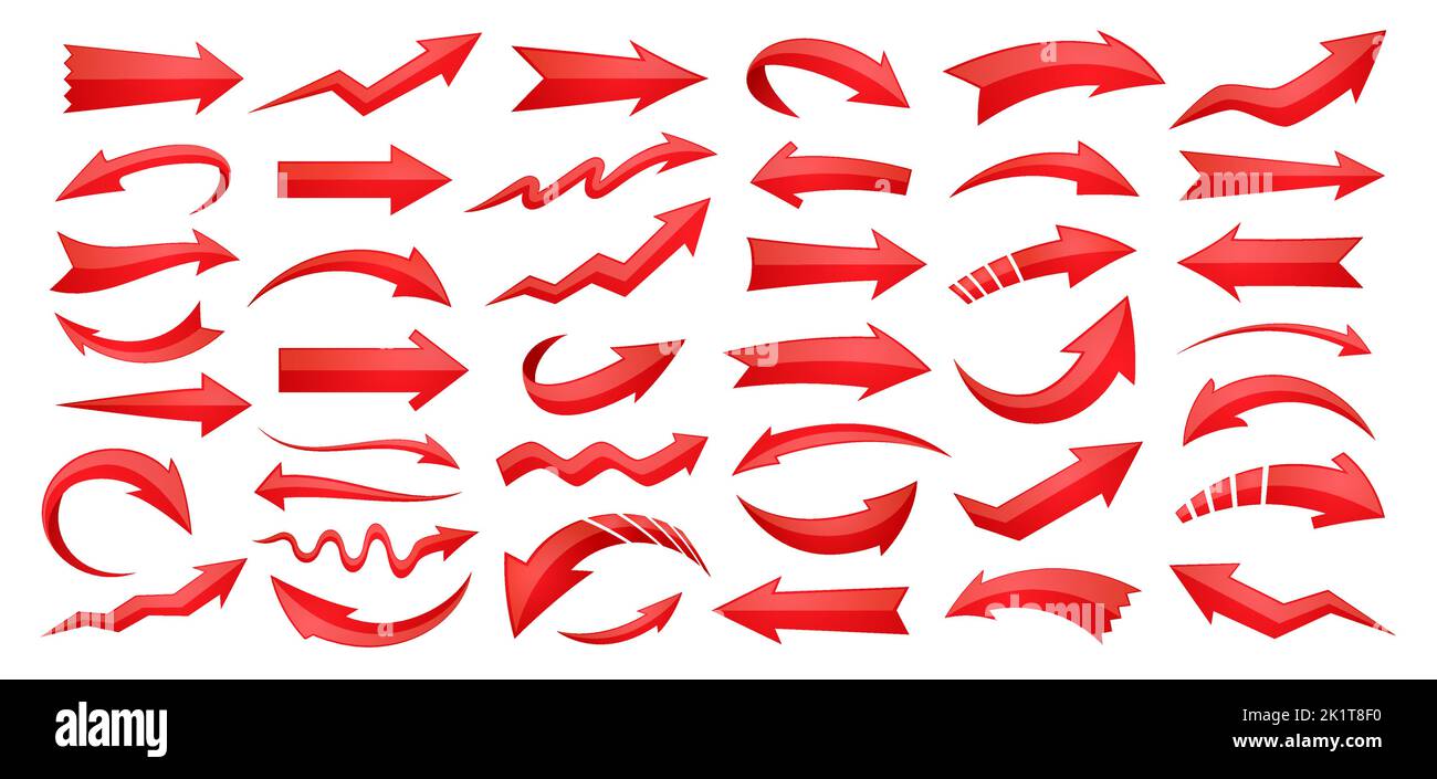 Red arrow icon set. Collection different arrows sign. Design elements vector illustration isolated on white background Stock Vector